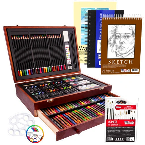 U.S. Art Supply 162-Piece Deluxe Mega Wood Box Art Painting and Drawing Set - Artist Painting Pad, 2 Sketch Pads, 24 Watercolor Paint Colors, 24 Oil Pastels, 24 Colored Pencils, 60 Crayons, 2 Brushes