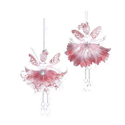 Kurt S. Adler T3340 Jeweled Fairy Translucent Pink 6.3 Inch Acrylic Hanging Christmas Ornament 2 Piece Set