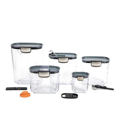 Progressive International ProKeeper+ 9 Piece Clear Plastic Airtight Food Flour and Sugar Baker's Kitchen Storage Organization Container Canister Set with Magnetic Accessories