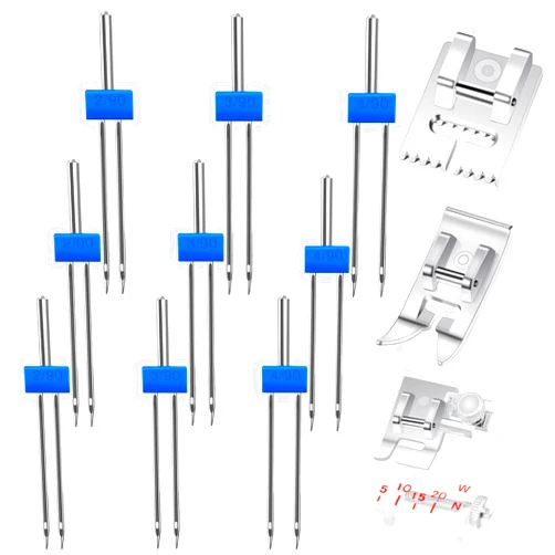 SINSETU 9 Pieces Twin Needles Double Needles with 3 Pieces Different Presser Foot for Household Sewing Machine, 3 Size 2/90 3/90 4/90 with Plastic Box