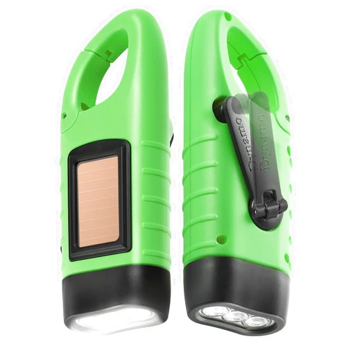Simpeak 2-Pack Hand Crank Solar Powered LED Flashlight, Emergency Survival Flashlight with Dynamo Carbiner, Light Green