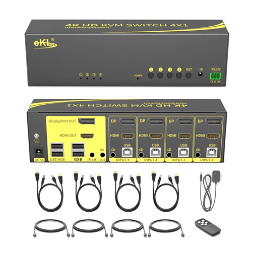 eKL Dual Monitor HDMI+DisplayPort KVM Switch 4 in 2 Out Extended Display 4K@60Hz 4:4:4 with Audio and USB 2.0 Hub Sharing PC Monitors One Set of Keyboard and Mouse Switcher