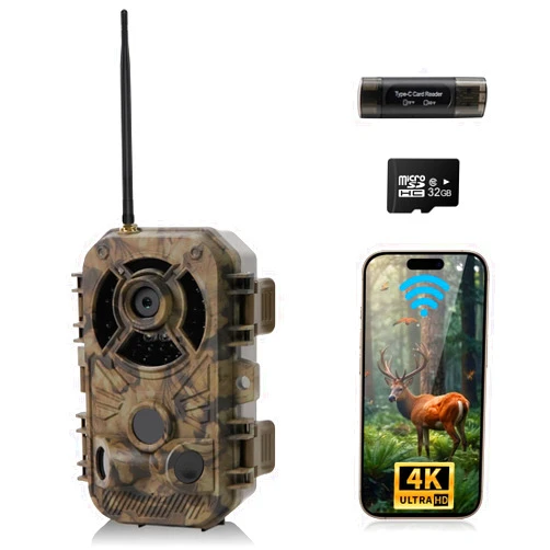 XJwecavi Trail Camera WiFi 4K 48MP with Night Vision IP66 Waterproof 0.1s Trigger Speed and Bundled with 32GB Memory Card, Card Reader. Game Cam for Wildlife Monitoring, Hunting, and Outdoor Security