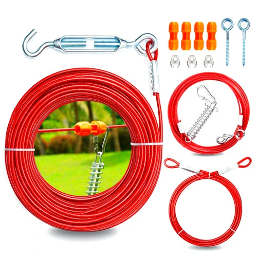 Pestairs Heavy Duty Aerial Dog Tie Out Trolley System for Small to Large Dogs - Dog Run Cable 100ft /75ft Zipline with 10ft Runner Cable Great for Yard Camping Outdoor (Red, 100 ft for Two Dogs up to 250 lbs)