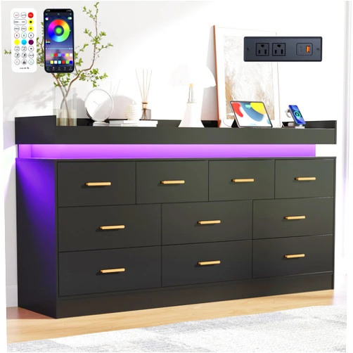 St.Mandyu 10 Drawer Dresser with Power Outlet and LED Light, Wide Drawer Organizer Cabinet with Drawer, Modern Chest of Drawers Closet for Bedroom, Living Room, Entryway, Hallway, Black