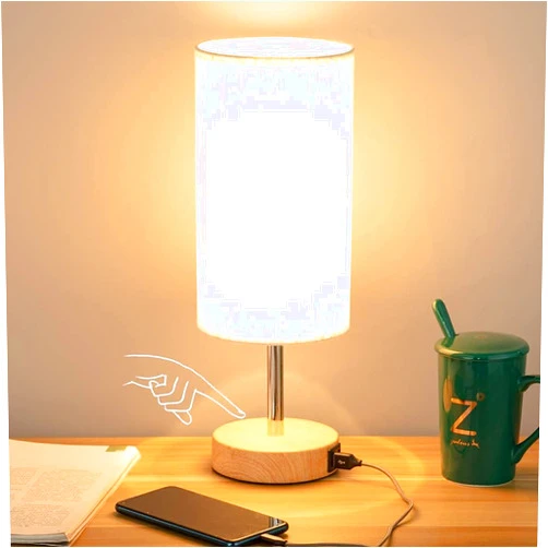 Yarra-Decor Bedside Table Lamp with USB Port - Touch Control for Bedroom Wood 3 Way Dimmable Nightstand Lamp with Round Flaxen Fabric Shade for Living Room, Dorm, Home Office (LED Bulb Included)