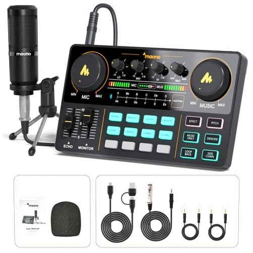 MAONO Podcast Equipment Bundle Audio mixer All-in-One Podcast Production Studio with 3.5mm Microphone for Live Streaming, Podcast Recording, PC, Smartphone, DJ MaonoCaster Lite (AU-AM200-S1)