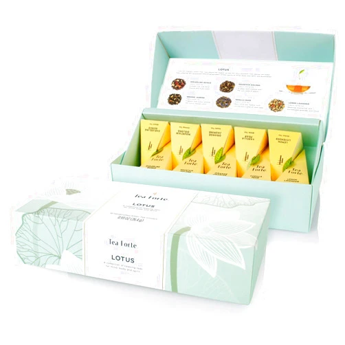 Tea Forte Premium Petite Presentation Box Gift Set Sampler, 10 Count, 2 of Each Blend Individually Wrapped Handcrafted Pyramid Infuser Bags, Lotus Tea