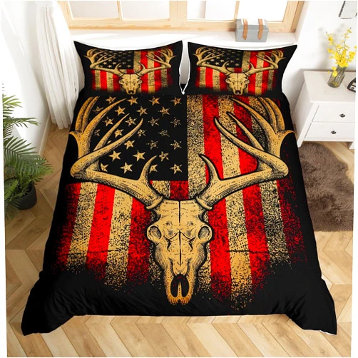 Erosebridal Elk Skull Bed Set American Flag Duvet Cover, Deer Antler Bedding Set King Vintage US Flag Comforter Cover, Retro Grunge Bed Cover with 2 Pillow Case, Black Red 3pcs (Zipper Closure)