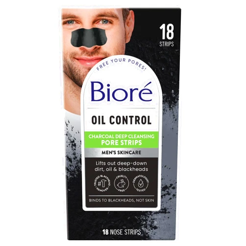 Bioré Men's Oil Control Charcoal Deep Cleansing Pore Strips, Blackhead Strips With Charcoal for Men, Blackhead Remover Strips For All Skin Types, Pore Strips for Blackheads, 18 Count