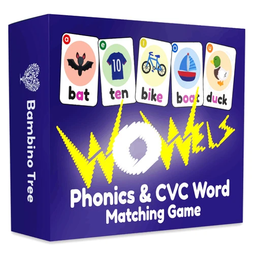THE BAMBINO TREE WOWELs Phonics and Vowel Sounds Card Game - Learn to Read Kindergarten 1st 2nd Grade Learning - Short Vowel CVC Words and Long Vowel Matching Game 2-8 Players