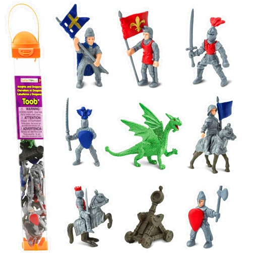 Safari Ltd. Knights & Dragons Toob - Set of 10 Mini Figurines: Red & Blue Kingdom Knights, Catapult, and Green Dragon - History Learning Toy Figures for Boys, Girls & Kids Ages 3+