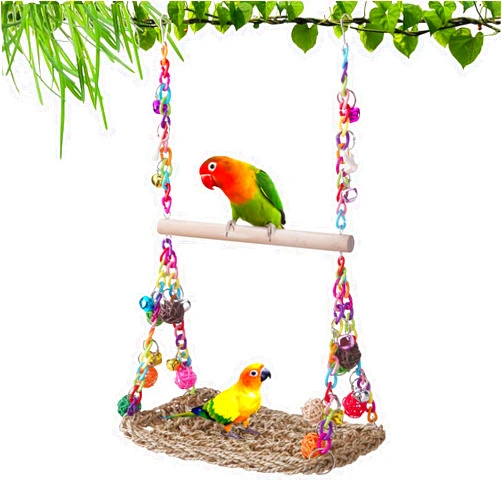 FrgKbTm Bird Swing Toys with Wood Perch, Seagrass Woven Parrot Platform Bird Climbing Hanging Hammock Bird Perch Stand Chewing Toy for Parakeets,Budgie, Conure, Cockatiel,Lovebird
