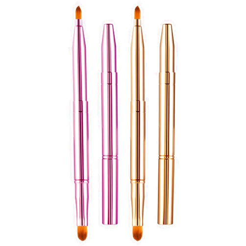 Bremorou Retractable Lip Brush 2 Pack Double-Ended Lip Brushes Lip Brush With Cap Lip Makeup Brushes Lipstick Brush Applicator Travel For Lipstick Lip Gloss Include Lid (Gold,Pink)