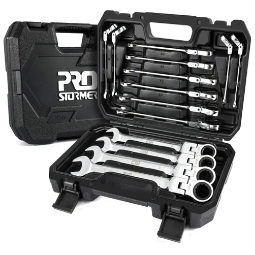 Prostormer 14-Piece Metric Flex-Head Ratcheting Wrench Set, 6-19mm Combination Wrench Kit with Storage Case, 72 Tooth, Cr-V Steel Constructed