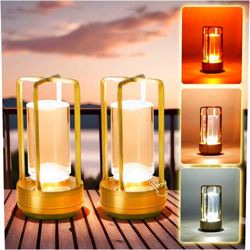 Czgor Rechargeable Crystal Lantern Lamps Set of 2, Czgor 3-Color Stepless Dimmable Battery Operated Cordless Table Lamps, Portable Outdoor Table Lamps for Patio Camping Bedroom Bar Restaurant(Gold)