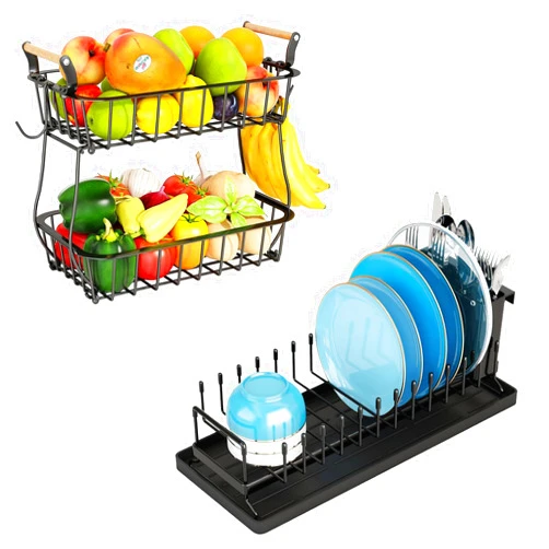 ANTOPY 2 Tier Fruit Basket with 2 Banana Hangers & Dish Drying Rack Small Dish Rack, Dish Racks for Kitchen Counter
