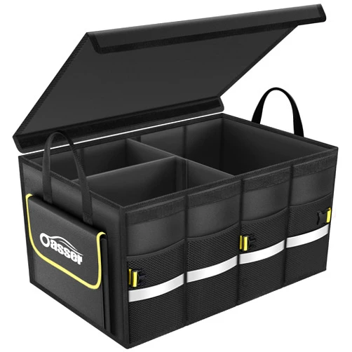 Oasser Car Trunk Organizer, Collapsible Waterproof Multi Compartments Car Storage Organizer with Foldable Cover Reflective Strip (Standard, Black)