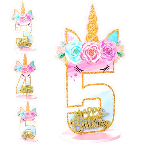 Tkifoda Unicorn 5th Birthday Decorations Unicorn Birthday Number Sign Centerpiece for Girls 5th Unicorn Birthday Party Supplies Wooden Table Decoration Photo Props for Five Years Old Birthday Anniversary (Number 5)