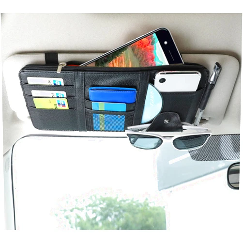 Logctee Car Sun Visor Organizer, Multifunctional Leather Sun Visor Organizer Sunglass Holder with Zipper for Car Interior Truck Accessories Men Women (Black)
