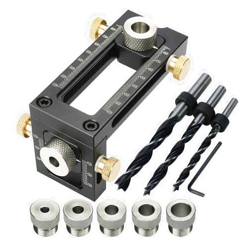 Nachar Self Center Dowel Jig Kitï¼Œ 2-in-1 Adjustable Woodworking Drilling Puncher Locator with 6/8/10/12/15mm Pin Fixture Woodworking Joints Tools Drilling Guide Set for Home Professionals