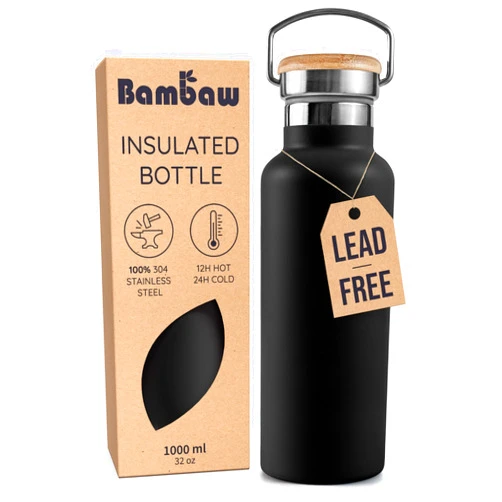 Bambaw Insulated Water Bottle 32 oz, Wide Mouth Stainless Steel Water Bottle with Handle, Made of High-Grade Stainless Steel, Convenient for Hot & Cold Drinks (Jet Black)