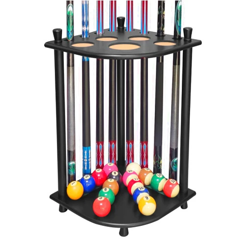 TORPSPORTS Pool Cue Rack Solid Wood Pool Stick Holder,Floor Stand Holds 8 Pool Billiard Stick Freestanding Billiard Cue Racks,Pool Table Accessories for Game Room,Club (Black)
