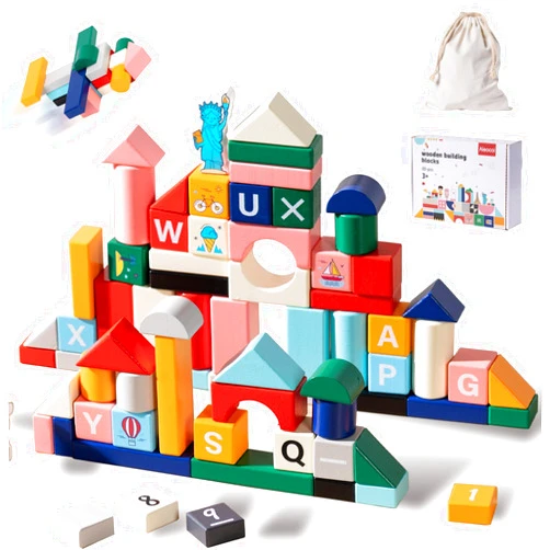 Aieocoi Wooden Blocks Set 88Pcs Building Blocks for Toddlers Shape Sorting Stacking Toy Natural Wood Storage Bag Educational Toy Set (Aie-02)