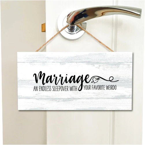 DecStic Marriage An Endless Sleepover With Your Favorite Weirdo Wood Signs Plaque Inspirational Positive Rustic Wooden Wall Art Decorative For Home Restroom Bathroom Toilet Kitchen 4x8 IN