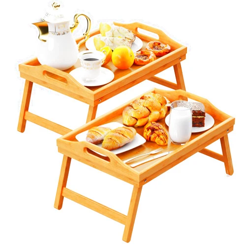 Easoger 2 Pack Breakfast in Bed Tray for Eating, 16.92 x 12.6 Inch Bed Table Tray with Folding Legs & Handles, Bamboo Food Lap Trays Fits for Adult Kids Eating/TV/Surgery Recovery by Easoger. Set of 2