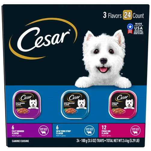 CESAR Filets in Gravy Adult Wet Dog Food, Filet Mignon, New York Strip and Prime Rib Flavors Variety Pack, 3.5 oz. Easy Peel Trays, Pack of 24