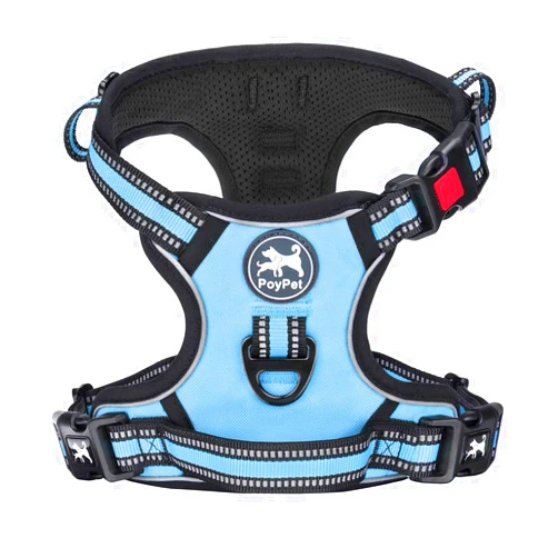 PoyPet No Pull Dog Harness, [Release on Neck] Reflective Adjustable No Choke Pet Vest with Front & Back 2 Leash Attachments, Soft Control Training Handle for Small Medium Large Dogs(Light Blue,L)