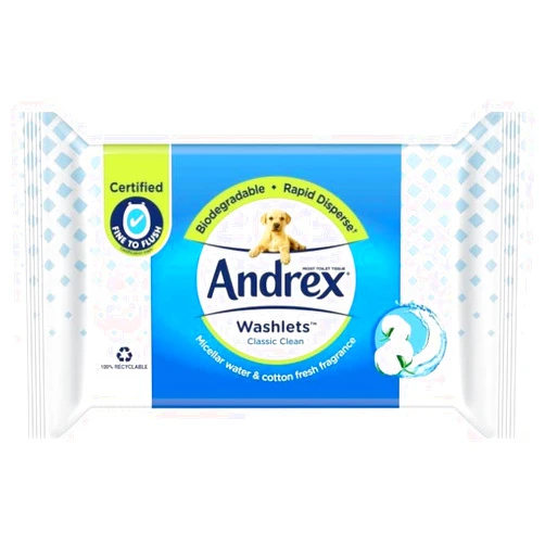 Andrex Classic Clean Washlets - Toilet Tissue Wet Wipes with Micellar Water - Flushable Washlets for a Shower Fresh Clean - Biodegradable and Plastic-Free - 4 Quad Pack (160 Wipes)