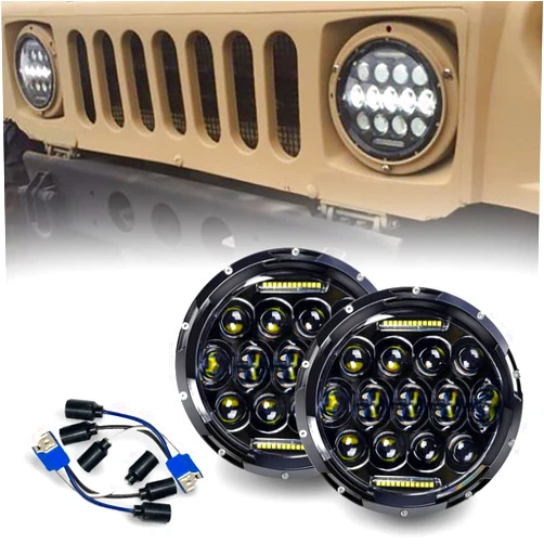Generic Military Vehicle 7 inch Black Bezel LED Round Headlight Assembly Pair plus Wiring, White Hi/lo Beam, Compatible with Humvee M-Series and Jeep, 2 pack