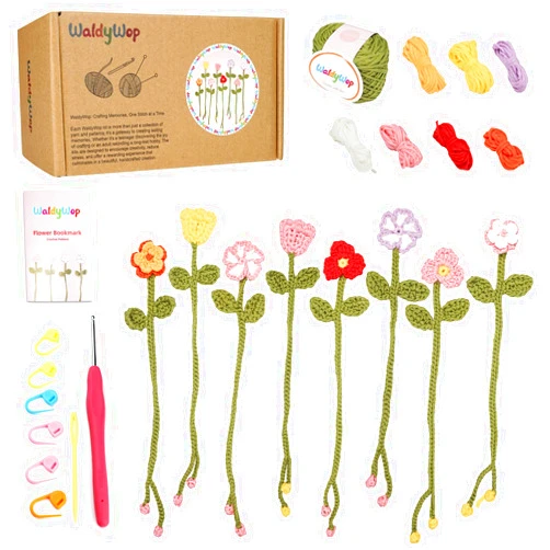 WaldyWop Crochet Kit for Beginners - 8 Flower Bookmarks Crocheting Kit w/Step-by-Step Video Tutorials & Soft Yarn and Hooks - Wobbles Crochet Starter Kit for Adults Kids, Ideal Gifts for Women