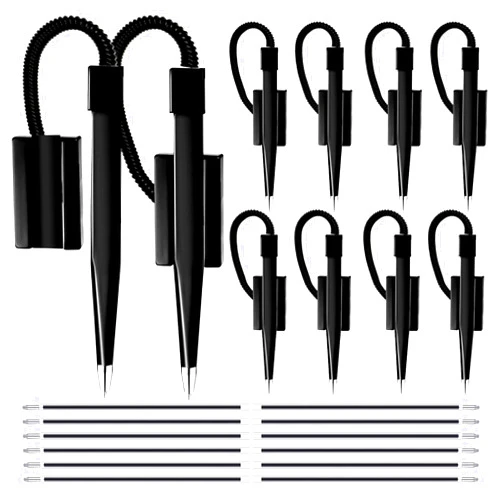 Performore 12 Pack of 5 inch Secure Counter Pens, Black with Plastic Secure Cord Attached To Adhesive Back Base Pen Holder, Reception Pen Includes 12 Refills for Home Workplace School Office