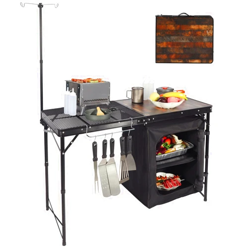 REDCAMP Portable Camping Kitchen Table, 4ft Folding Camping Grill Table with Storage Organizer and Telescoping Light Stand, Outdoor Cooking Station for BBQ, Party and Picnic