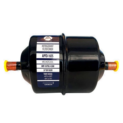 AP APPLI PARTS Appli Parts APFD-163S 3/8 in Liquid Line Refrigerant AC Filter Drier hvac Refrigeration 163S ODF Sweat Solder connection universal unidirectional 7in long 3in wide