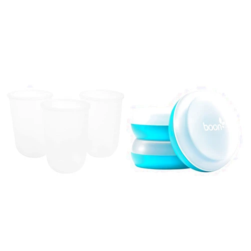Boon Nursh Reusable Replacement Pouch with Collapsible Silicone Pouch Design Gray - 8 Oz & Nursh Baby Bottle Storage Buns - Baby Bottle Holder for Nursh Baby Bottles Blue and White - 3 Count