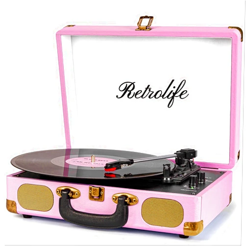 Retrolife Vinyl Record Player 3-Speed Bluetooth Suitcase Portable Belt-Driven Record Player with Built-in Speakers RCA Line Out AUX in Headphone Jack Vintage Turntable Pink