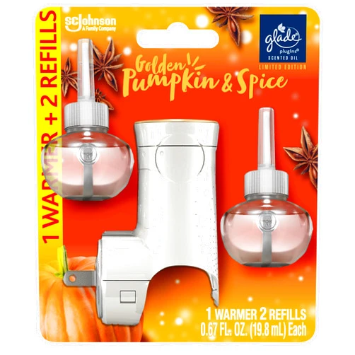 Glade PlugIns Refills Air Freshener Starter Kit, Scented and Essential Oils for Home and Bathroom, Golden Pumpkin & Spice, Limited Edition Scent, 1.34 Fl Oz, 1 Warmer + 2 Refills