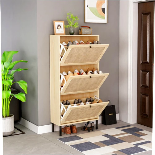 Ampela Natural Rattan Shoe Cabinet with 3 Flip Drawers,Freestanding Wooden Shoe Rack Storage Cabinet 3 Flip Drawers,Shoe Rack for Front Door Entrance Living Room Hallway