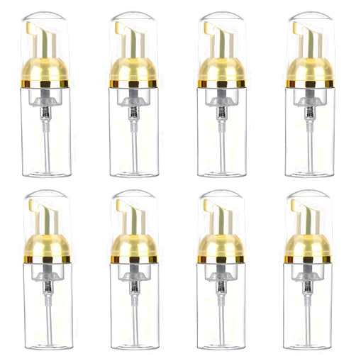 Dming 8 Pcs 1oz 30ml Plastic Foamer Pump Bottle Foam Dispenser Bottles Mini Liquid Foaming Bottles for Refillable Travel Hand Soap Foaming,Shampoo,Castile,Cleaning (Gold+Clear)