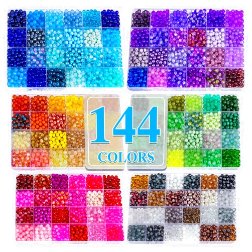 XSEINO About 7200PCS 6mm Glass Beads Bracelet Making Kit,144 Assorted Colors Crystal Glass Beads for Bracelet and Jewelry Making and DIY Crafts,Friendship Gifts,to Give to Friends, Family