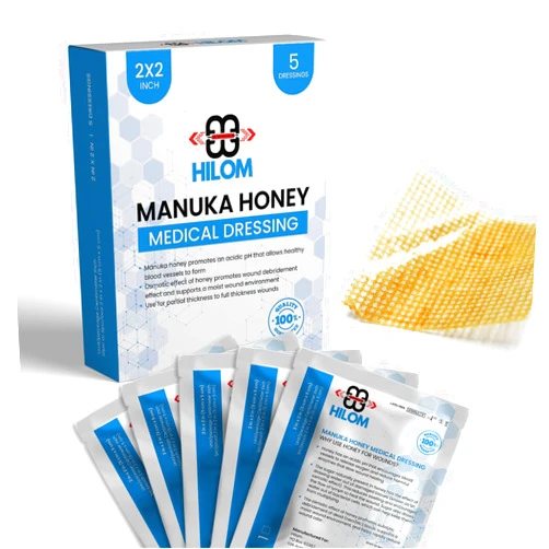 Hilom Medical Grade Manuka Honey Gauze Dressing 2 inch x 2 inch (5 Pack - Non-Adherent) | First Aid for Minor Wounds Such as Cuts or Advanced Wound Care of Bed Sores, Burns, or Lacerations