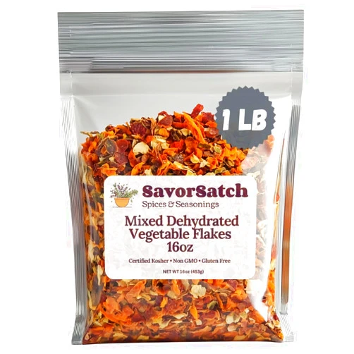 SavorSatch Dehydrated Mixed Dried Vegetable Flakes - 16oz Resealable Pouch | Bulk Pack | GMO-Free & Wheat Gluten-Free | Carrot, Onion, Celery, Tomato, Bell Pepper | No Added Salt | Certified Kosher | Perfect for Soups, Stews, Ramen, Emergency Supply, Backpacking, Camping, Long Shelf Life - 1 Pound