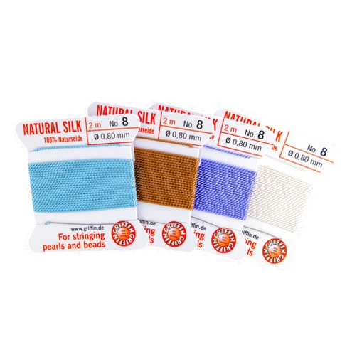 JewelrySupply Griffin Bead Cord 100% Natural Silk #8 Color Assortment (White/Turquoise/Beige/Lilac) Each Card Includes a stringing Needle.