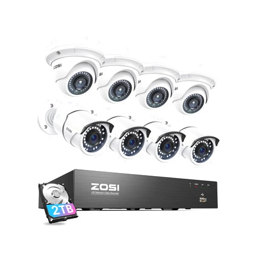 ZOSI 4K 8CH PoE Security Camera System, 8 Ports 16CH 8MP NVR Recorder with 2TB HDD, 8pcs Weatherproof 5MP Outdoor Indoor Home Surveillance IP Cameras, Night Vision, Motion Alert, for 24/7 Recording