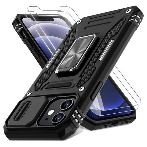 DEERLAMN Case for iPhone 12/12 Pro with Slide Camera Cover+Screen Protector(2 Packs),Rotated Ring Kickstand Military Grade Shockproof Protective Cover-Black