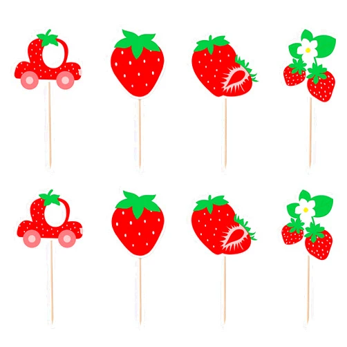TSJ 16PCS Strawberry Cupcake Toppers Fruit Cupcake Sticks Cake Decoration for Strawberry Theme Party Baby Shower